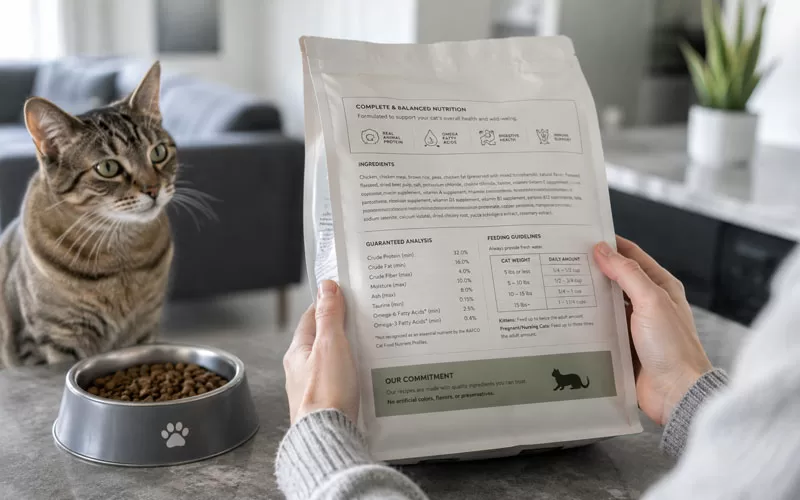 Person reading a cat food label while a tabby cat sits beside a bowl of kibble.