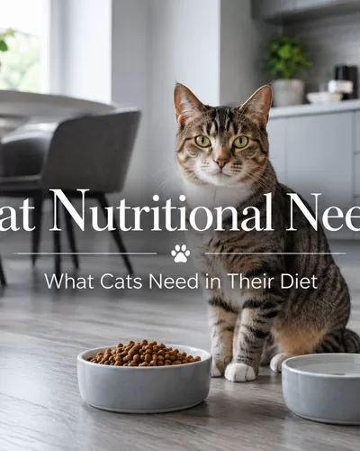 Tabby cat beside food and water bowls with title text about cat nutritional needs.