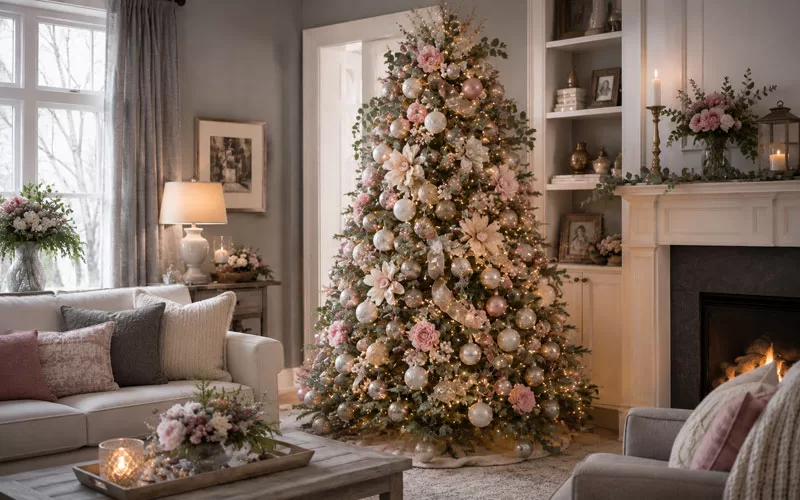 Year round Christmas tree decorated with blush flowers, silver ornaments, ribbon, and warm lights in a cozy gray living room.