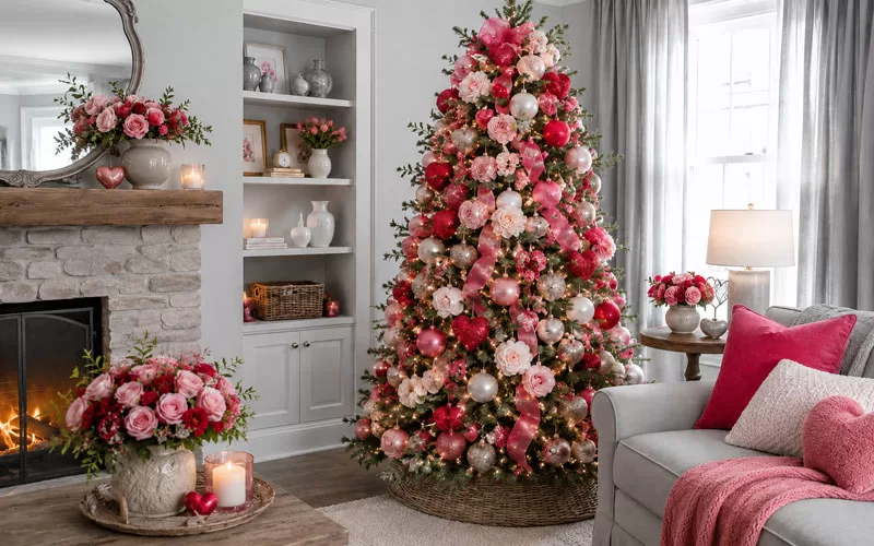 Valentine’s Day tree decorated with pink roses, red heart ornaments, blush ribbon, and warm lights in a gray living room.