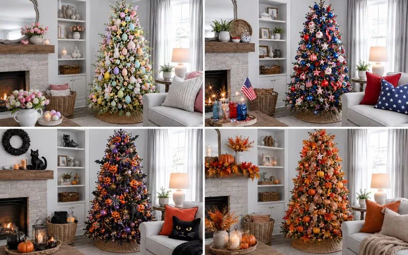 Four seasonal Christmas trees decorated for spring, summer, Halloween, and fall in a gray living room collage.