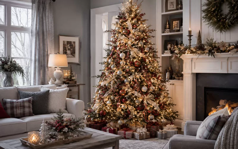 Traditional Christmas tree decorated with warm lights, red ornaments, silver accents, ribbon, and wrapped gifts in a gray living room.