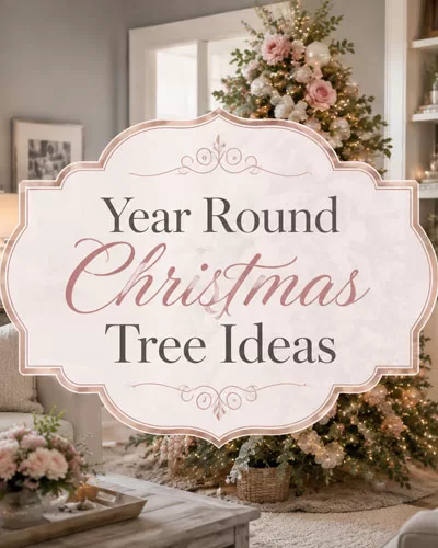 Year round Christmas tree ideas title over a cozy gray living room with a decorated tree and soft pink accents.