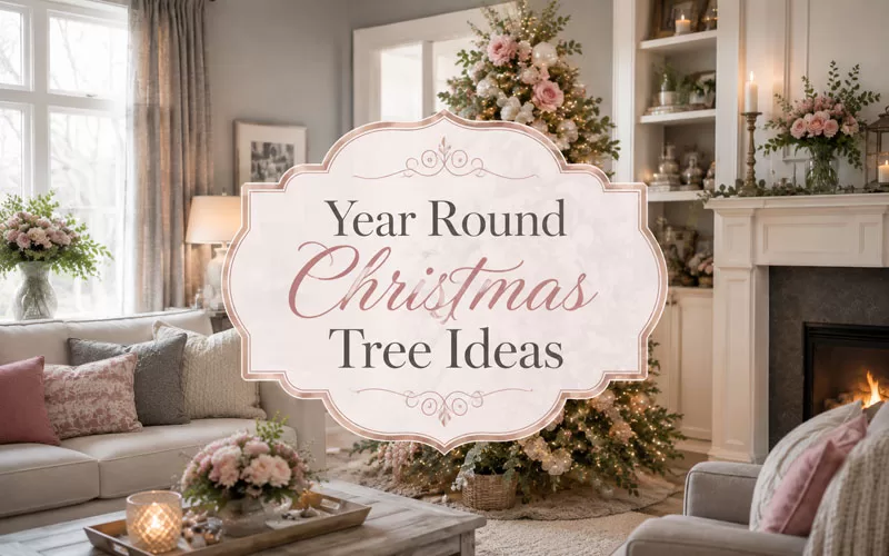 Year round Christmas tree ideas title over a cozy gray living room with a decorated tree and soft pink accents.