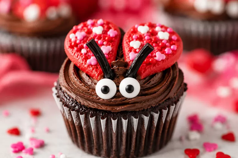 Close-up of a Valentine’s Day love bug cupcake with chocolate frosting, candy eyes, red heart wings, and festive sprinkles against a soft blurry pink background.
