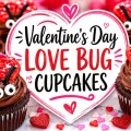 Valentine’s Day Love Bug Cupcakes graphic featuring chocolate cupcakes decorated as love bugs surrounding a centered heart-shaped title design.