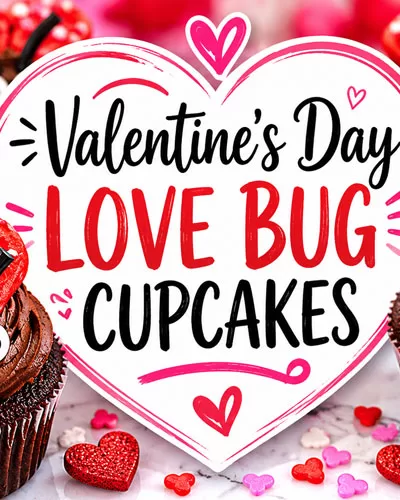 Valentine’s Day Love Bug Cupcakes graphic featuring chocolate cupcakes decorated as love bugs surrounding a centered heart-shaped title design.