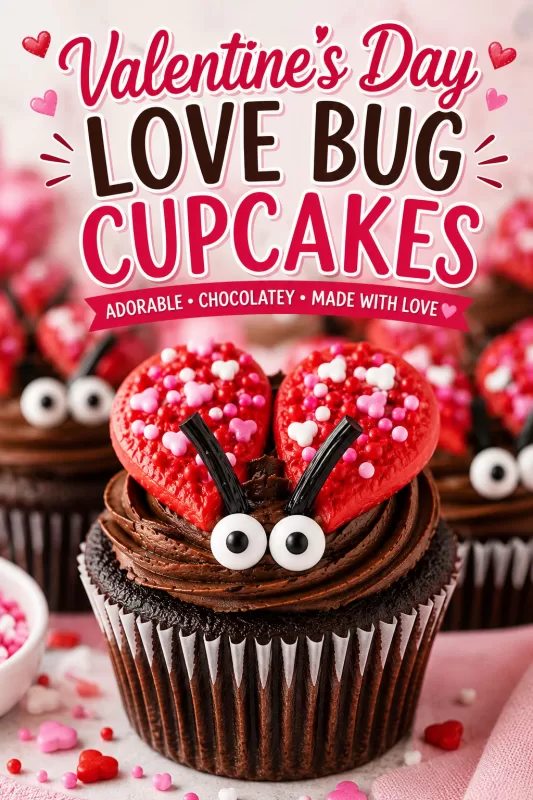 Pinterest graphic for Valentine’s Day Love Bug Cupcakes featuring a decorated chocolate cupcake with heart-shaped wings, candy eyes, and festive Valentine sprinkles.