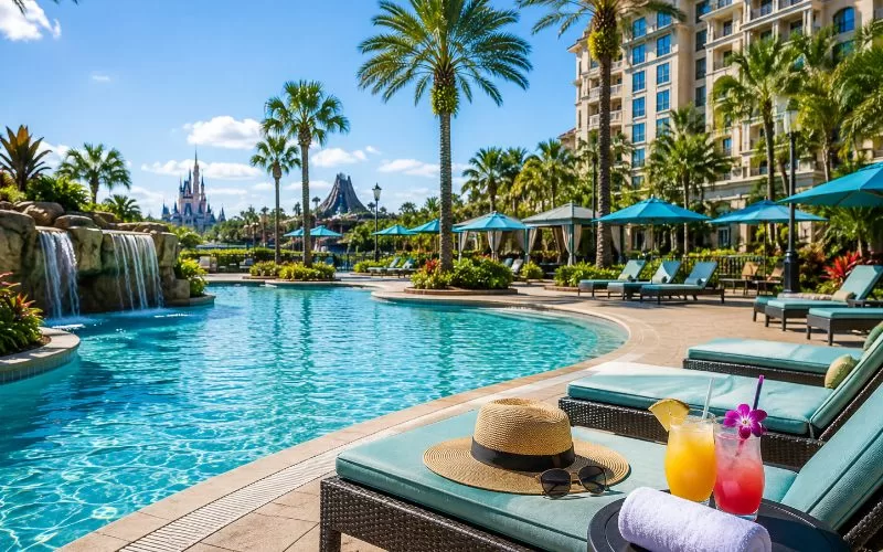 Luxury Orlando resort pool with palm trees, lounge chairs, waterfalls, tropical drinks, and a relaxing Florida vacation atmosphere.