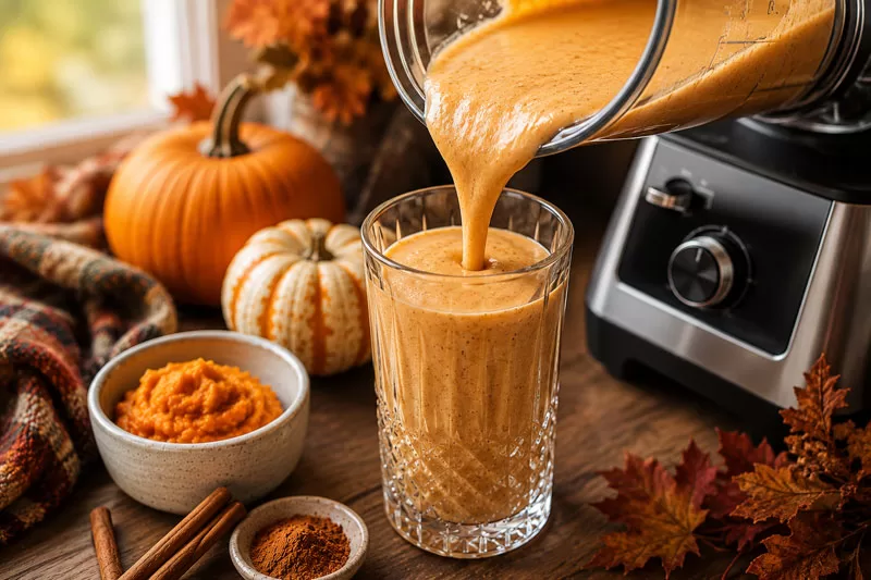 Pumpkin pie smoothie being poured from a blender into a decorative glass surrounded by cozy fall decor and pumpkins.