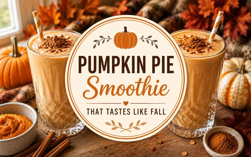 Pumpkin pie smoothie feature image with two creamy fall smoothies, pumpkins, cinnamon, and a centered graphic that reads Pumpkin Pie Smoothie That Tastes Like Fall.