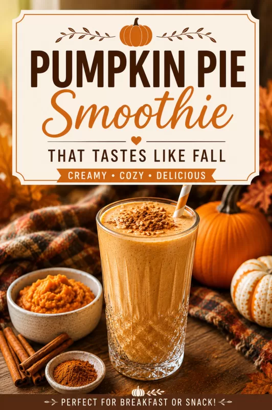 Pinterest graphic for Pumpkin Pie Smoothie That Tastes Like Fall featuring a creamy pumpkin smoothie in a decorative glass with cozy autumn decor and bold fall-themed text.