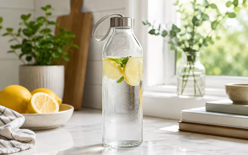 Glass water bottle with lemon slices and mint on a bright kitchen counter with fresh lemons and greenery nearby.