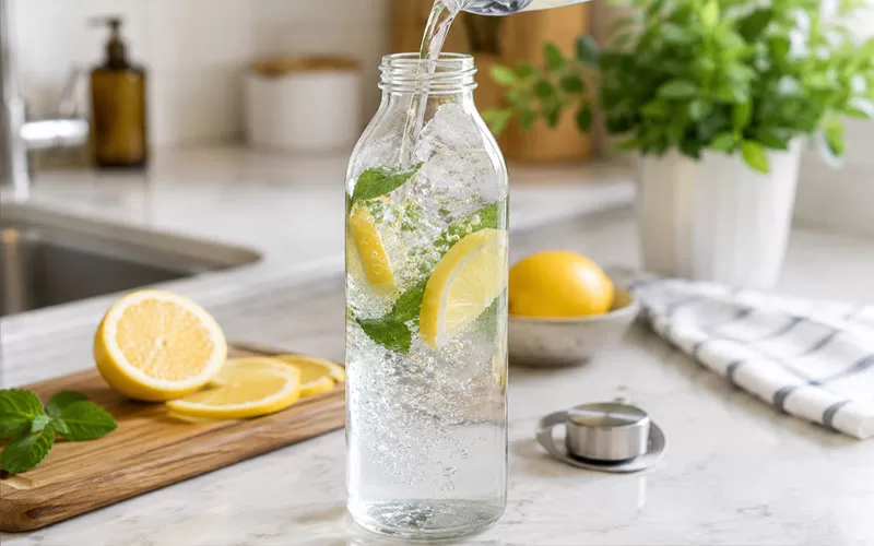 Glass water bottle filled with cucumber, lemon, and mint beside a glass of infused water on a bright kitchen counter.