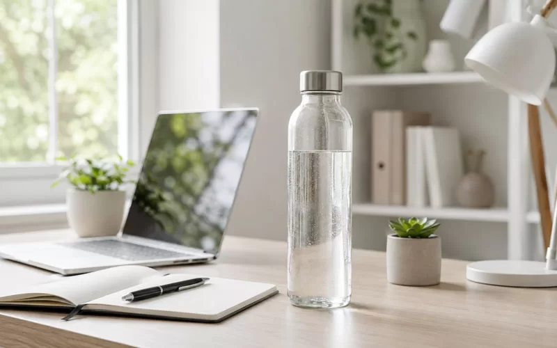 Glass water bottle on a home office desk beside a laptop, notebook, pen, lamp, and small plants.