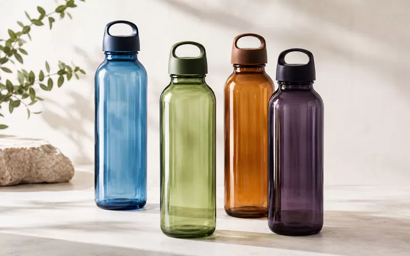 Blue, green, amber, and purple glass water bottles displayed together on a neutral surface.