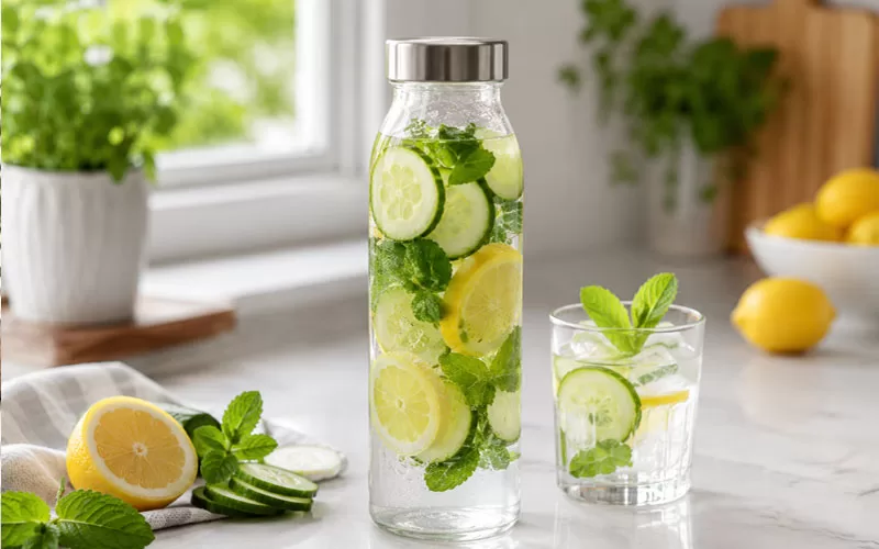 Water being poured into a glass bottle with lemon slices, mint, and ice on a kitchen counter.