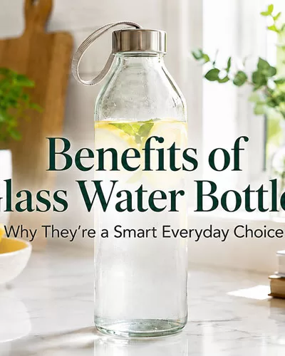Glass water bottle with lemon and mint on a bright kitchen counter with title text about glass water bottles.