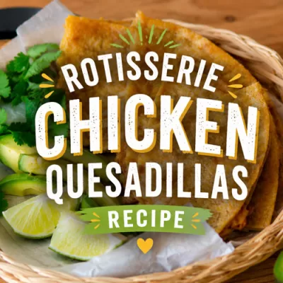 Featured image for rotisserie chicken quesadillas recipe with crispy cheesy quesadillas, avocado slices, lime wedges, and bold recipe title overlay.