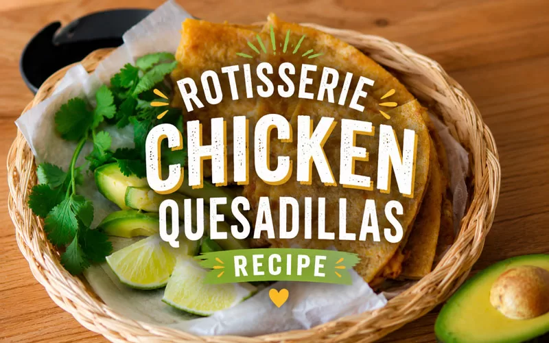 Featured image for rotisserie chicken quesadillas recipe with crispy cheesy quesadillas, avocado slices, lime wedges, and bold recipe title overlay.