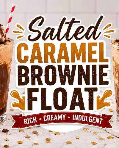 Featured image for a Salted Caramel Brownie Float recipe with two decadent ice cream floats, brownie bites, caramel drizzle, and a bold centered recipe title graphic.