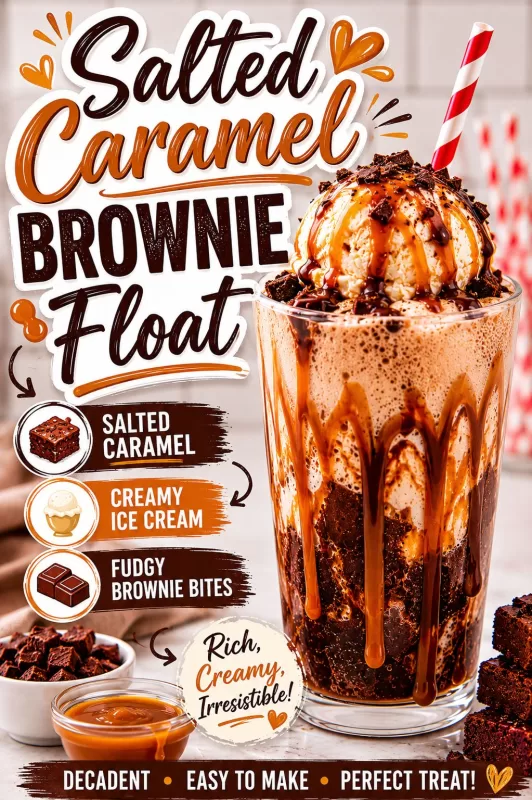 Pinterest graphic for a salted caramel brownie float recipe featuring a decadent ice cream float with caramel drizzle, brownie bites, and bold recipe title text.