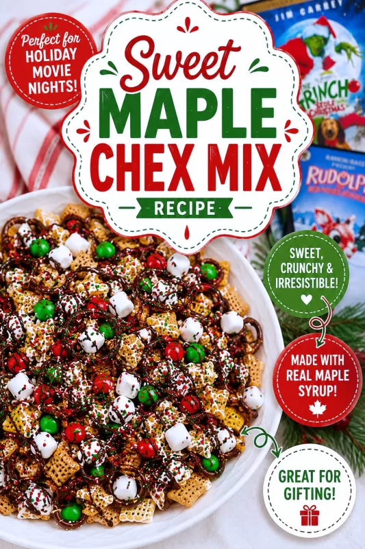 Pinterest image for Sweet Maple Chex Mix Recipe featuring festive holiday snack mix, chocolate drizzle, marshmallows, and Christmas-themed graphics.