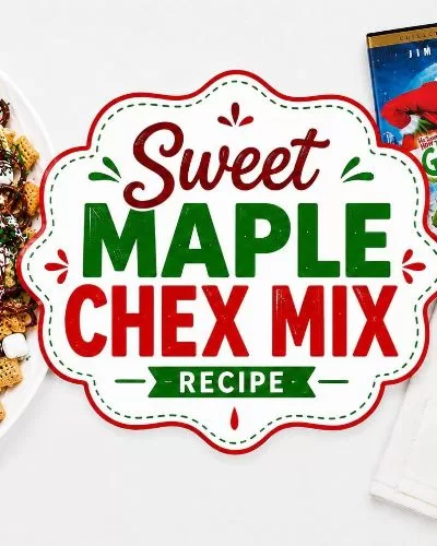 Sweet Maple Chex Mix featured image with festive holiday snack mix, Christmas movie DVDs, and decorative recipe title graphic.