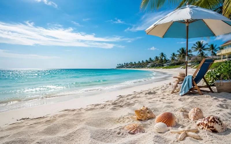 Florida beach with soft sand, seashells, umbrella, lounge chair, blue sky, and turquoise ocean waves.