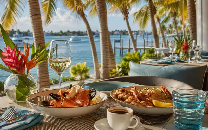 Outdoor Florida waterfront dining table with seafood, Cuban coffee, tropical flowers, palm trees, and blue water.