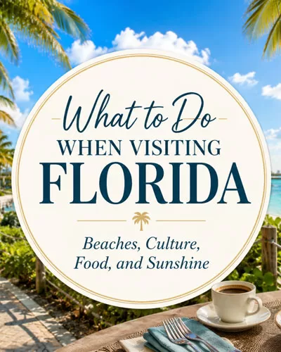 Florida travel graphic with palm trees, beach, sunshine, seafood, Cuban coffee, and the title What to Do When Visiting Florida.