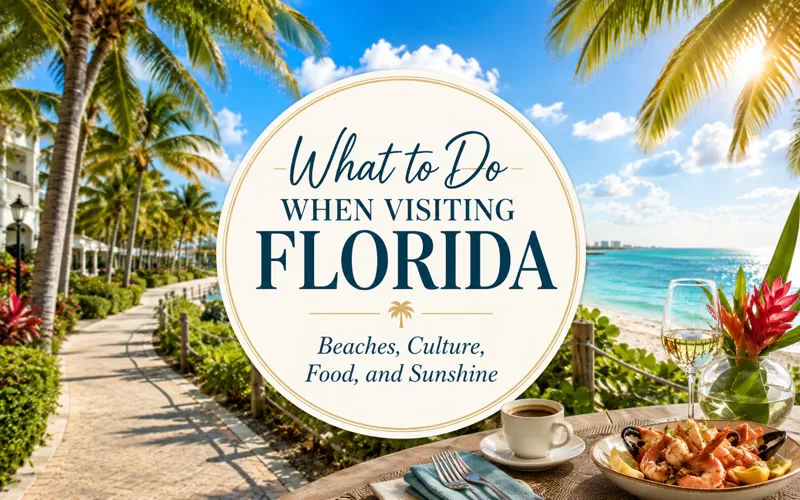 Florida travel graphic with palm trees, beach, sunshine, seafood, Cuban coffee, and the title What to Do When Visiting Florida.