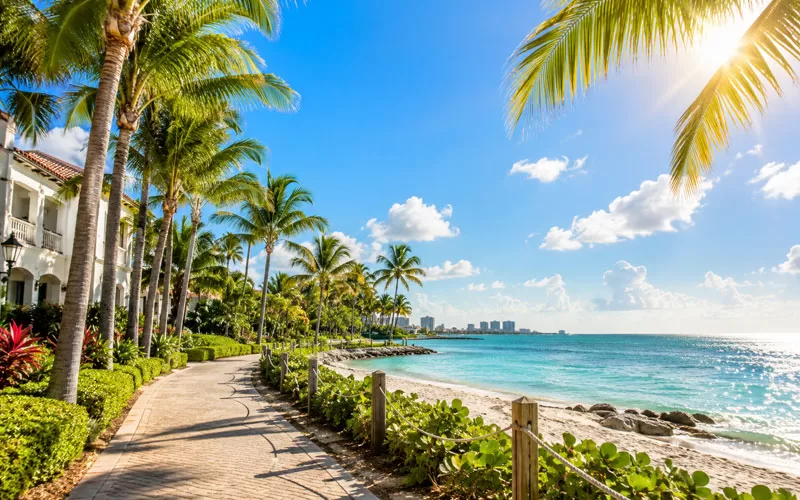 Palm-lined Florida coastal walkway beside a sunny beach with blue sky and turquoise water.