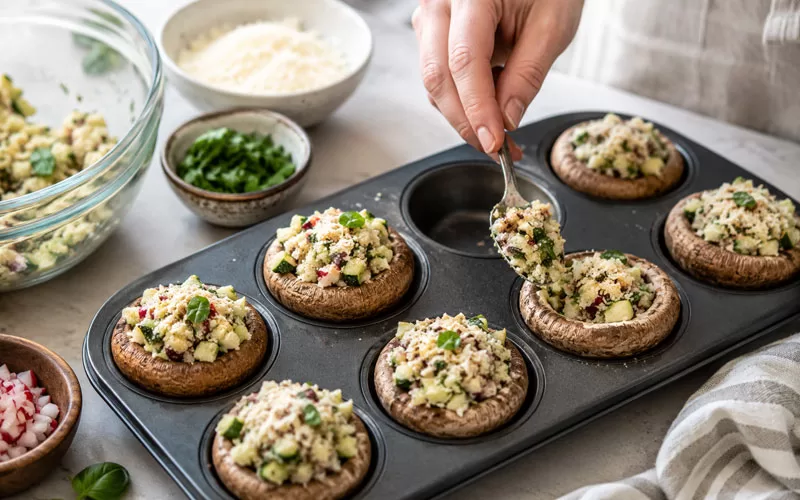 Hand spooning veggie filling into mushroom caps in a muffin pan before baking.