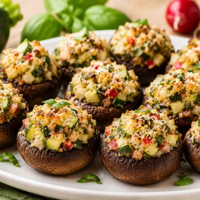Veggie stuffed mushrooms with Parmesan, zucchini, radish, and basil on a white plate.