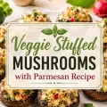 Veggie stuffed mushrooms with Parmesan recipe graphic over baked mushrooms with zucchini, radish, and basil.