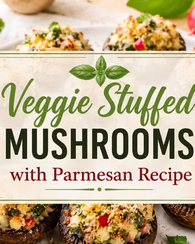 Veggie stuffed mushrooms with Parmesan recipe graphic over baked mushrooms with zucchini, radish, and basil.