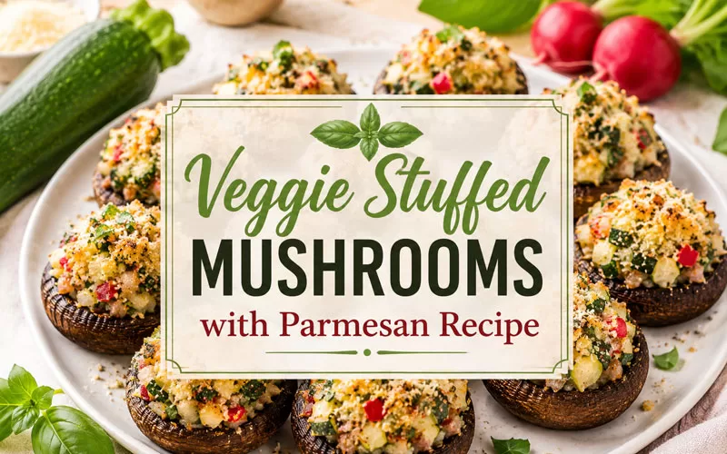 Veggie stuffed mushrooms with Parmesan recipe graphic over baked mushrooms with zucchini, radish, and basil.