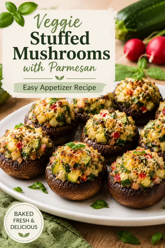 Pinterest graphic for veggie stuffed mushrooms with Parmesan showing baked stuffed mushrooms topped with zucchini, herbs, breadcrumbs, and cheese.