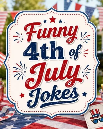Festive backyard Fourth of July picnic display with American flags, watermelon, patriotic decorations, and the words Funny 4th of July Jokes.