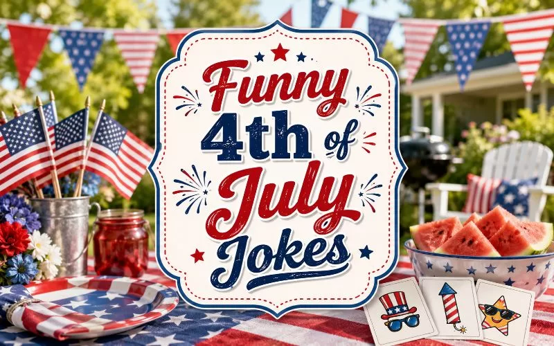 Festive backyard Fourth of July picnic display with American flags, watermelon, patriotic decorations, and the words Funny 4th of July Jokes.