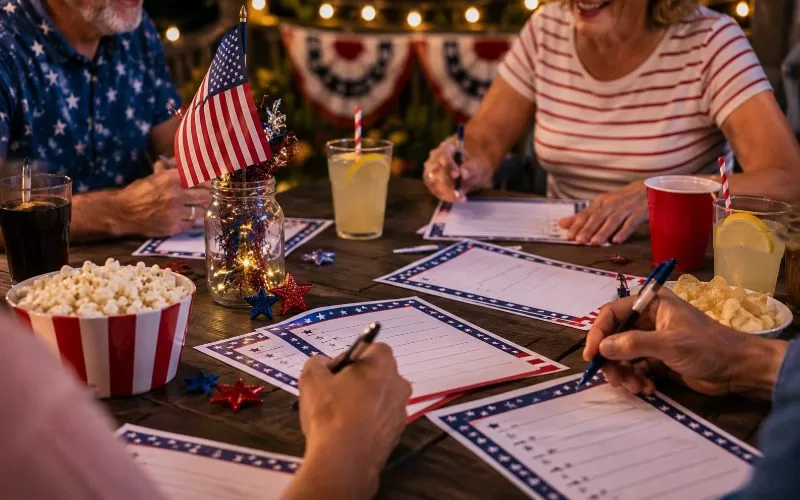 Group of people at a backyard cookout filling out patriotic trivia answer sheets with pens, drinks, snacks, and red, white, and blue decorations on the table.
