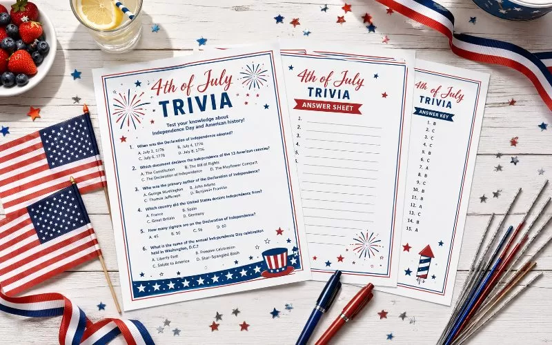 Flat lay of 4th of July trivia printable pages on a white wooden table with small American flags, ribbon, pens, sparklers, fruit, and festive red, white, and blue decorations.