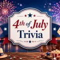 Fireworks over a festive lakeside 4th of July celebration with patriotic decorations, food, and a centered sign reading 4th of July Trivia.