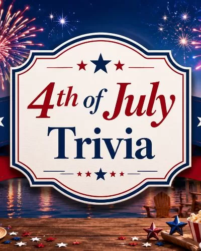Fireworks over a festive lakeside 4th of July celebration with patriotic decorations, food, and a centered sign reading 4th of July Trivia.