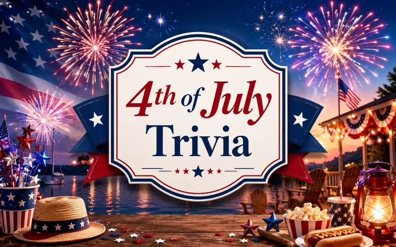 Fireworks over a festive lakeside 4th of July celebration with patriotic decorations, food, and a centered sign reading 4th of July Trivia.