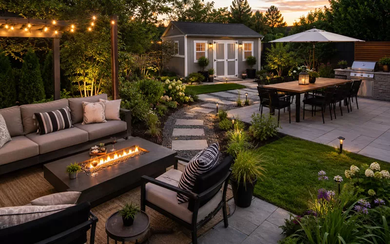 Stylish backyard with separate seating, dining, landscaping, and storage shed areas