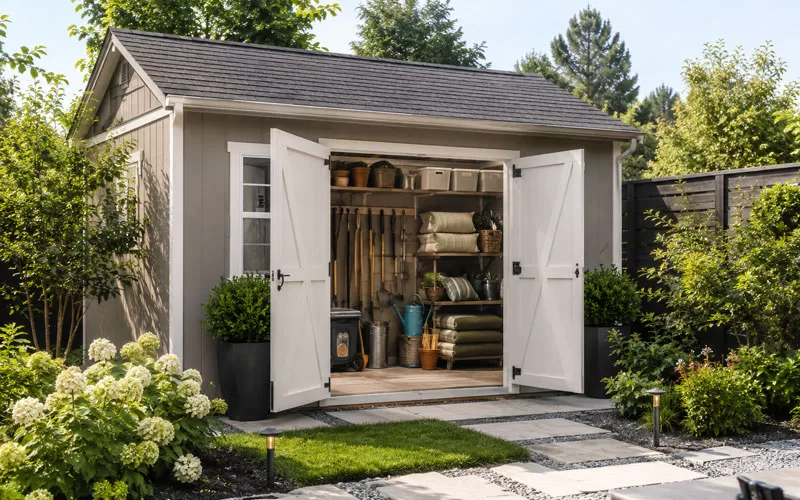 Organized backyard shed with gardening tools, outdoor cushions, and storage bins