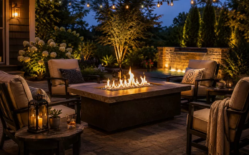 Gas fire pit table surrounded by cushioned outdoor chairs at dusk