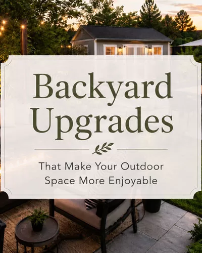 Backyard with seating, dining, a fire pit, landscaping, and a shed